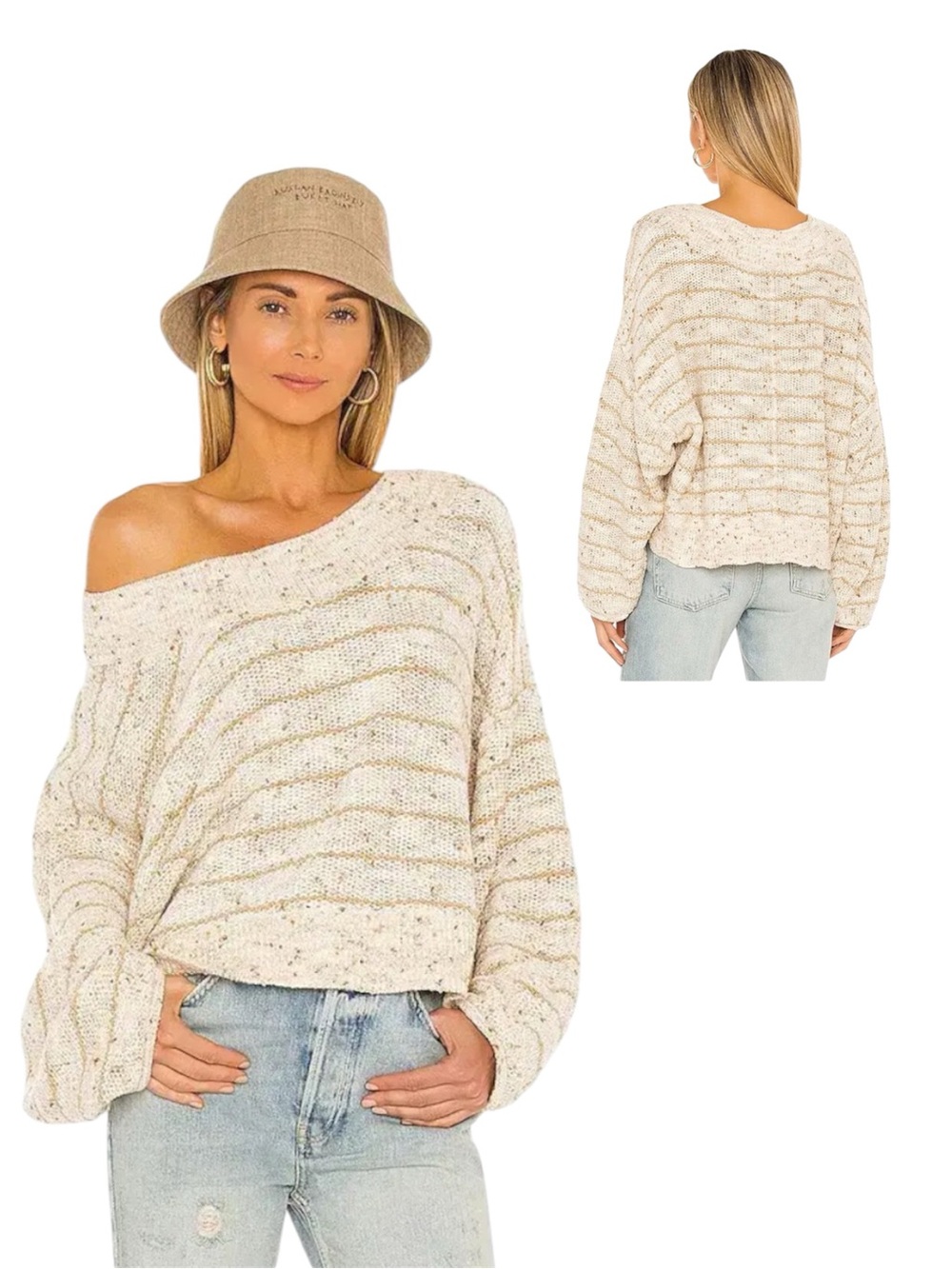 Free People Starlight Oversized Chunky Speckled Striped Cream Sweater